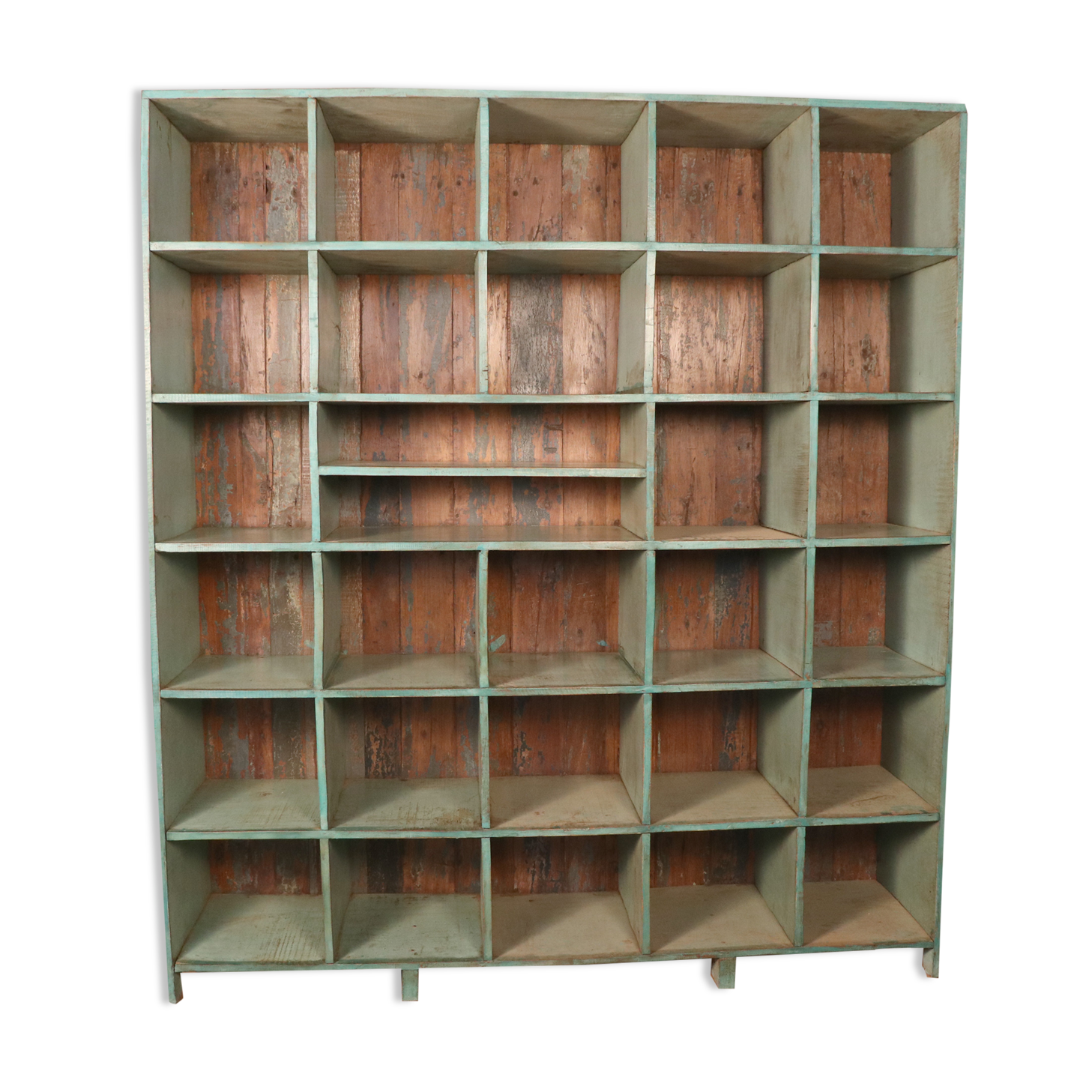 Old workshop shelf in original green-blue patina Burmese teak