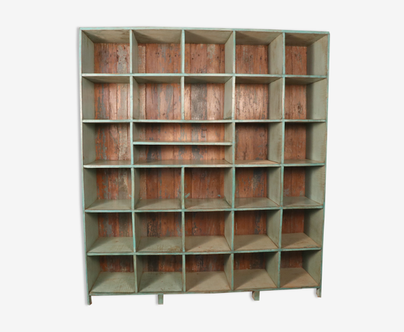 Ancienne étagère d'atelier en teck birman patine verte-bleue d'origine
