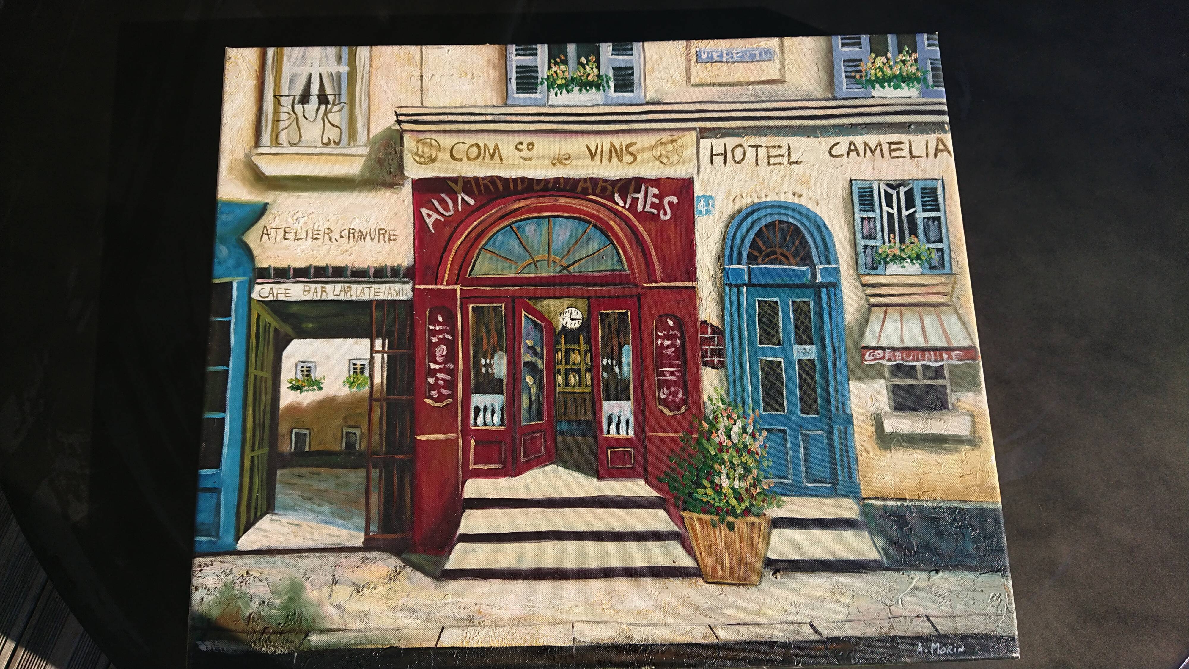 Oil on canvas restaurant storefront, signed À Morin