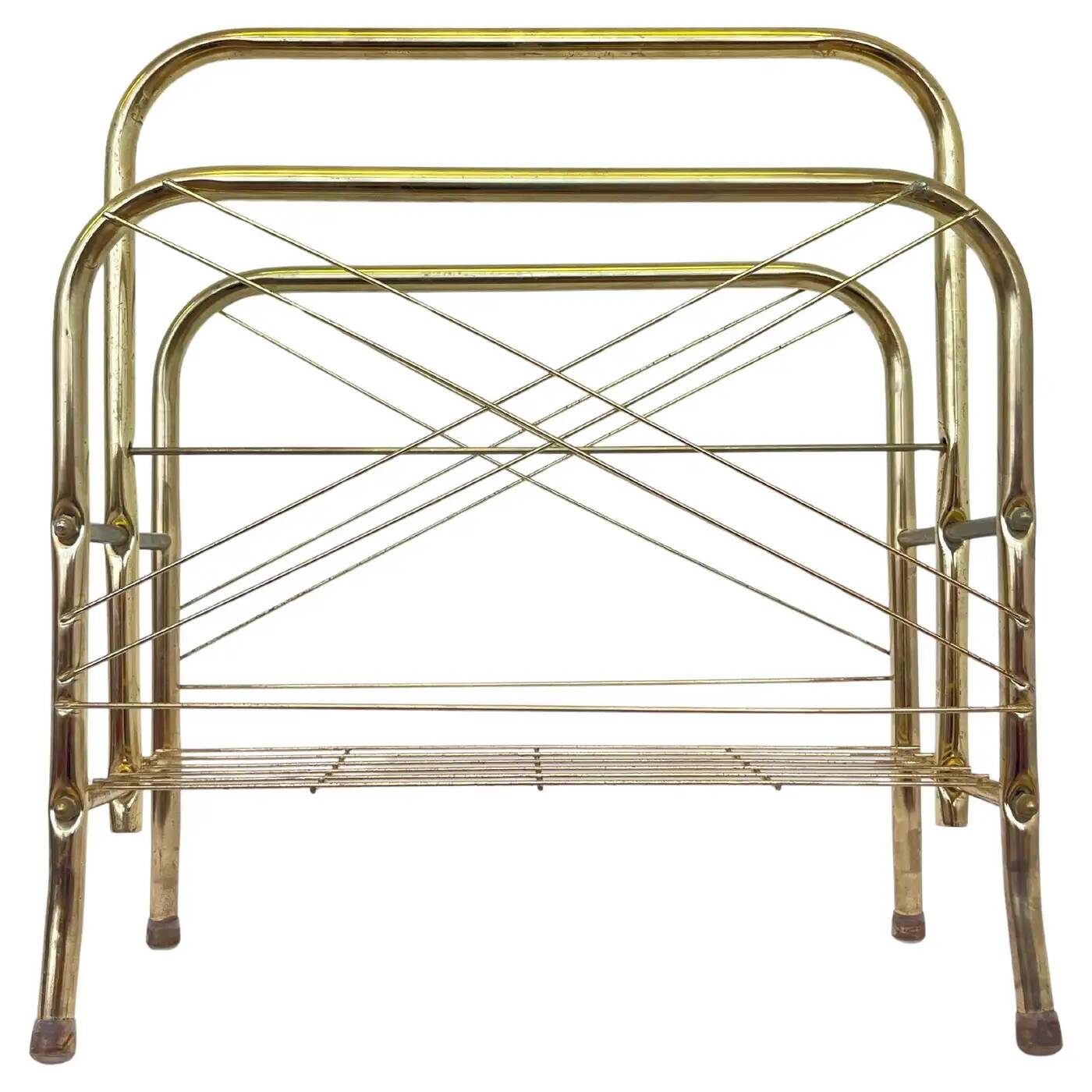 Présentoir à journaux/revues en métal doré des années 1980