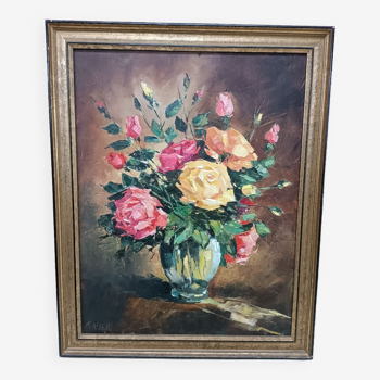 Peinture sur toile au couteau, vase et fleurs coupées, Léon Gasser dit Mas