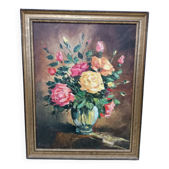 Painting on canvas with a knife, vase and cut flowers, Léon Gasser dit Mas