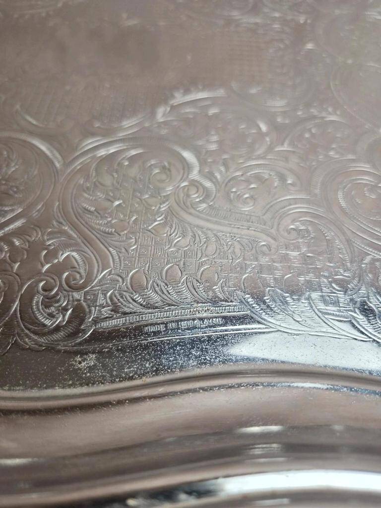 Large silver-plated serving tray – Rococo decoration & shell handles