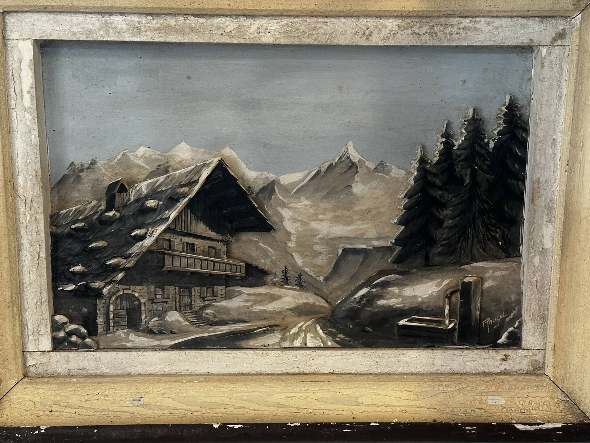 Sculpted and painted Alpine table mid-century L 56 cm/H 43 cm