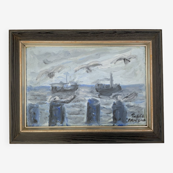 Peinture à l'huile suédoise moderniste Paysage marin par Thake Carlson années 1960