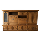 Unité murale modulaire en chêne vintage – 3 pièces avec vitrine