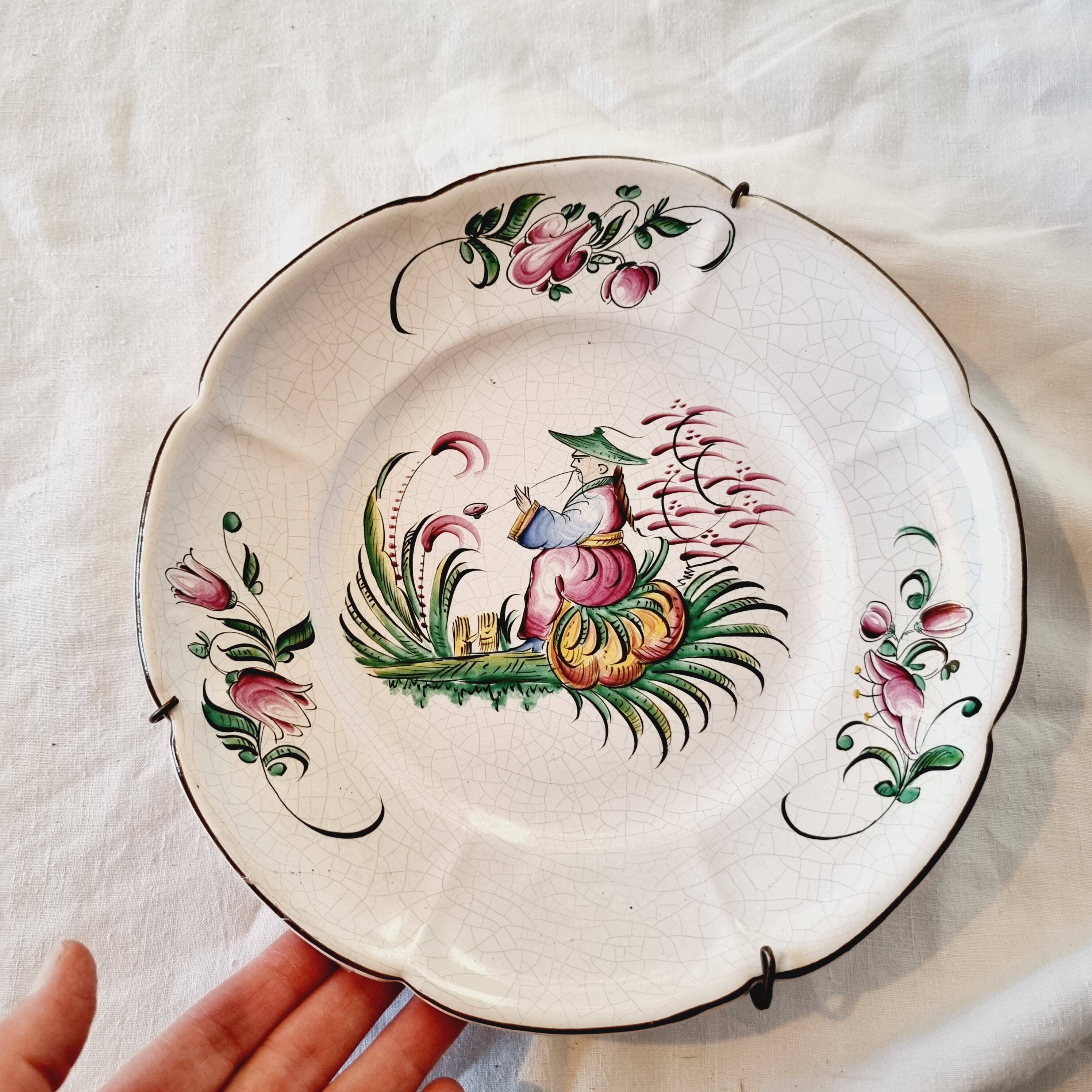 Antique ceramic or earthenware plate from the 19th century, Chinese style decoration