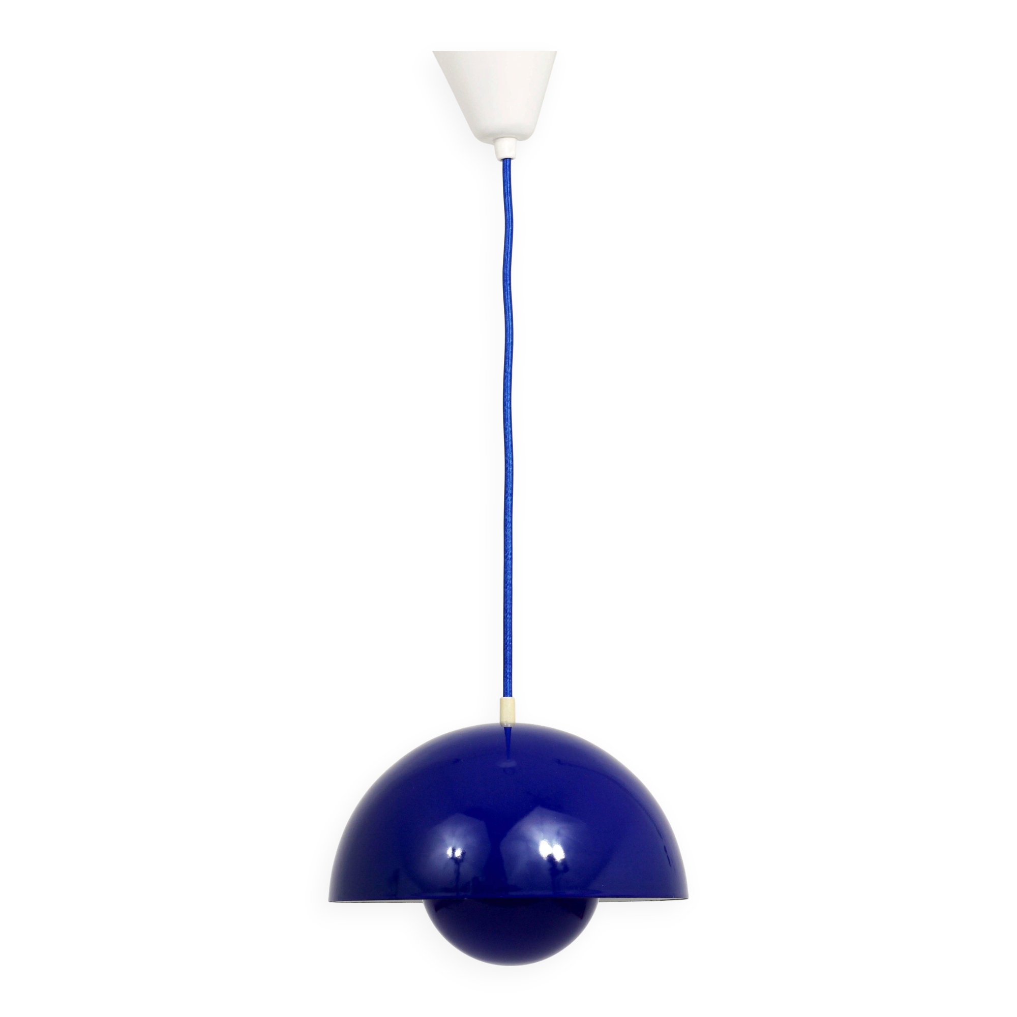 Blue enamelled suspension flowerpot by Verner Panton for Louis Poulsen, Denmark, 1969.