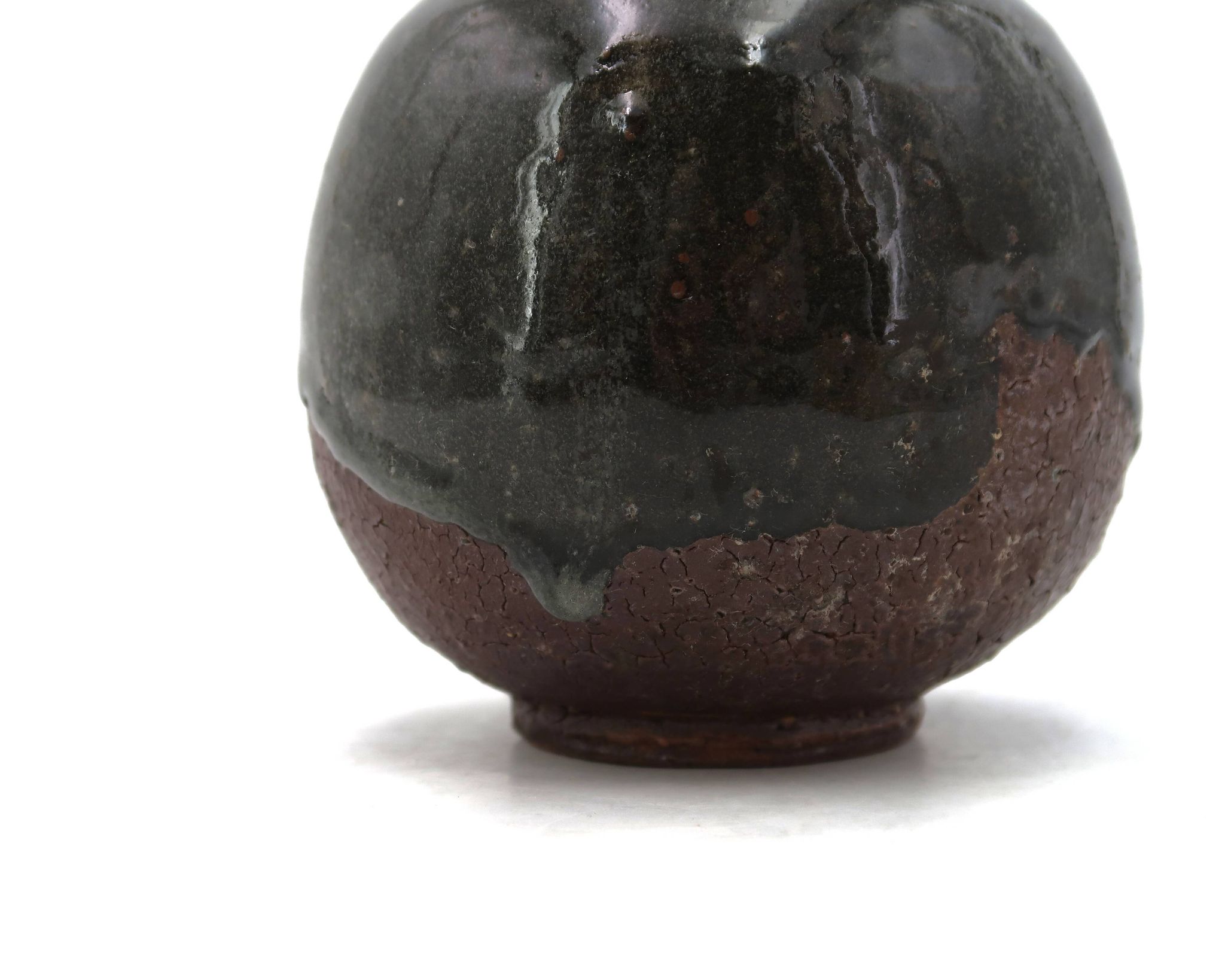 Wabi-sabi round vase in stoneware with green glazing, 1970s ceramics.