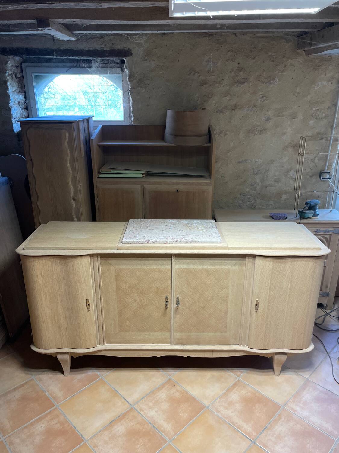 Large buffet / Scandinavian sideboard in sandblasted / stripped / sanded oak