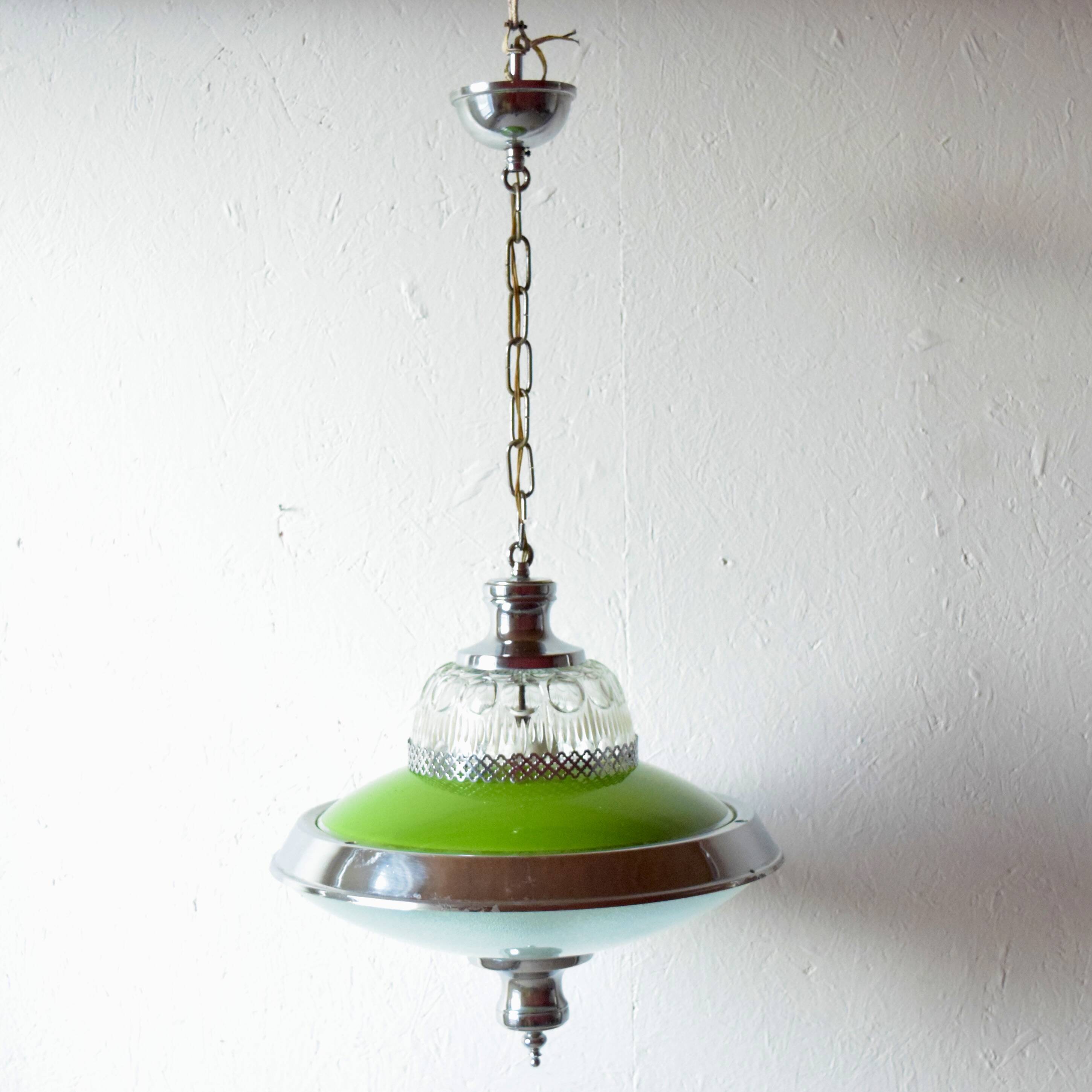 Vintage green glass and chrome metal pendant light