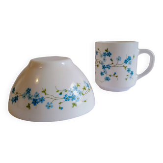 Lot mug et bol arcopal myosotis véronica années 70 vintage