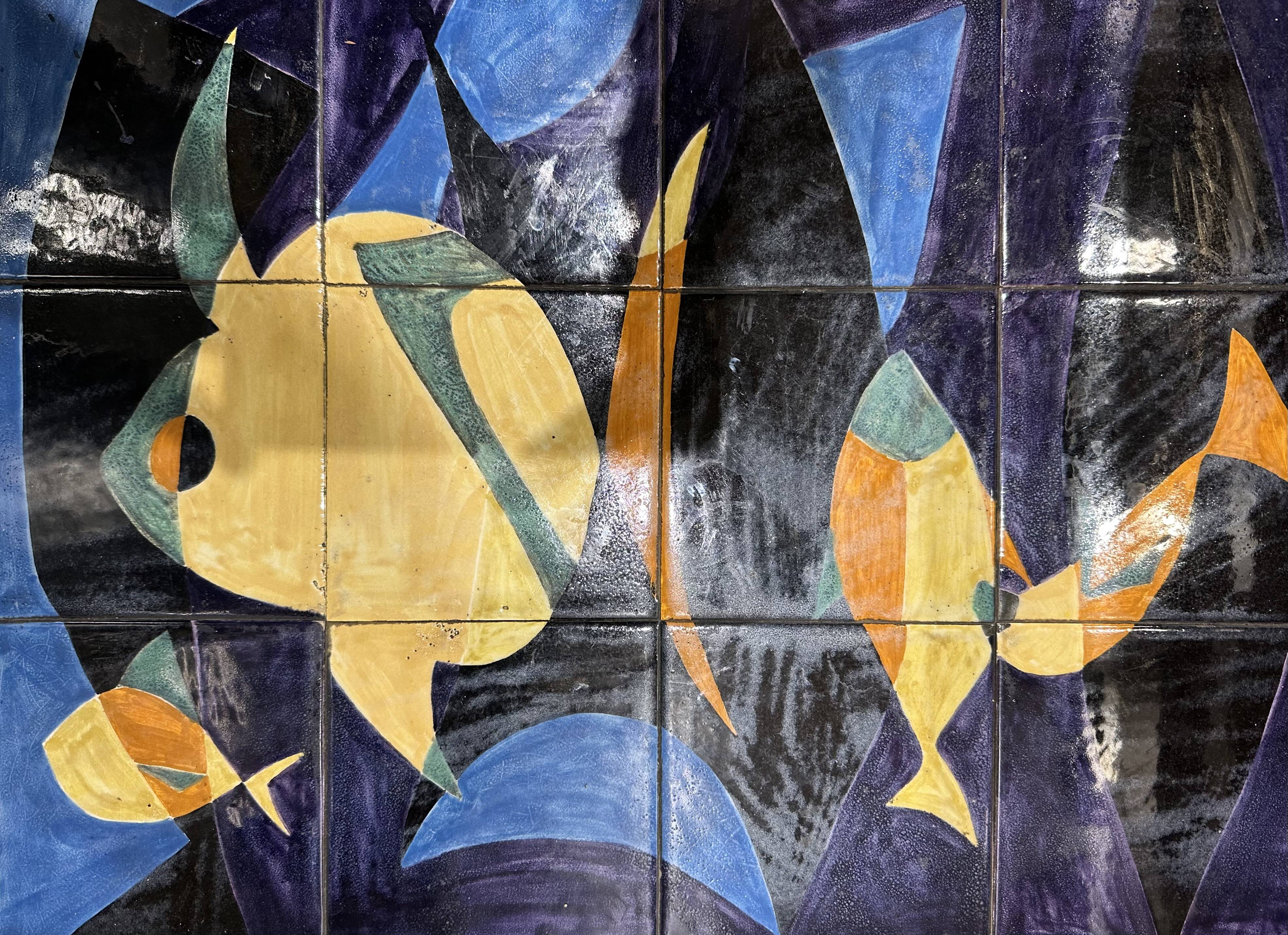 Coffee table with hand-painted ceramic top. France, 1950s