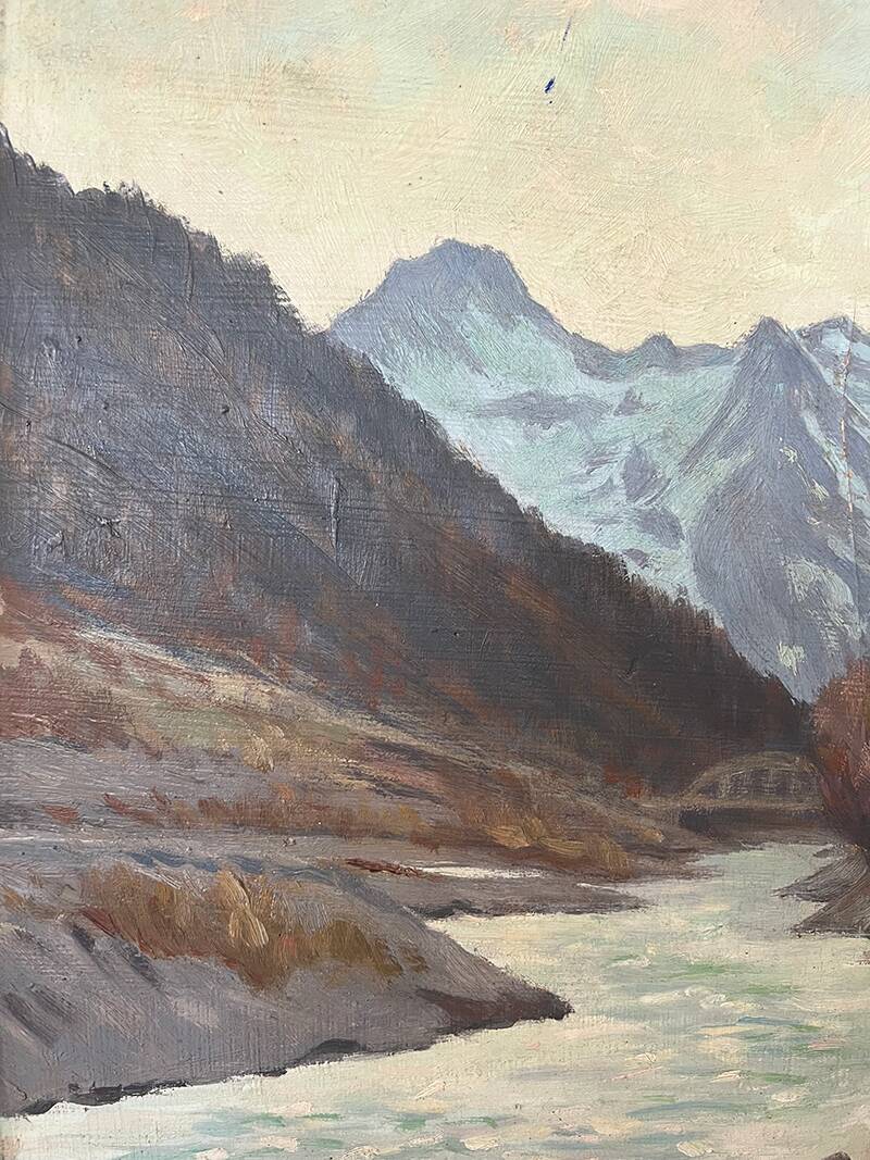 Painting "River of the Alps", Oil on panel, framed