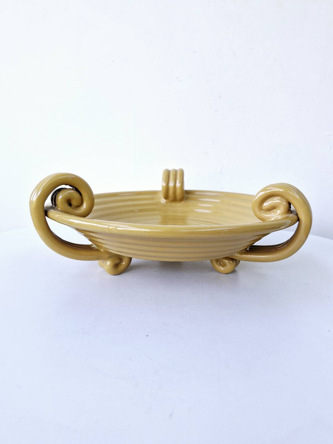 Vintage fruit bowl basket ocher ceramic art deco style