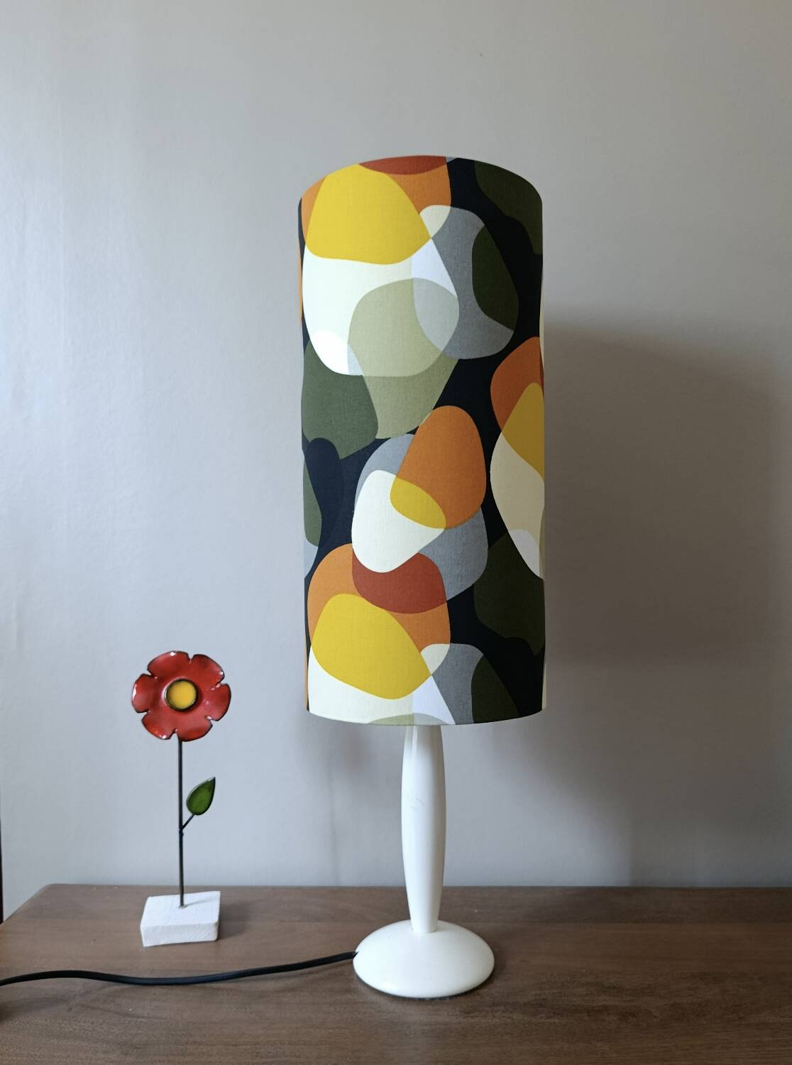 vintage lamp with a white wooden base, multicoloured sixties lampshade