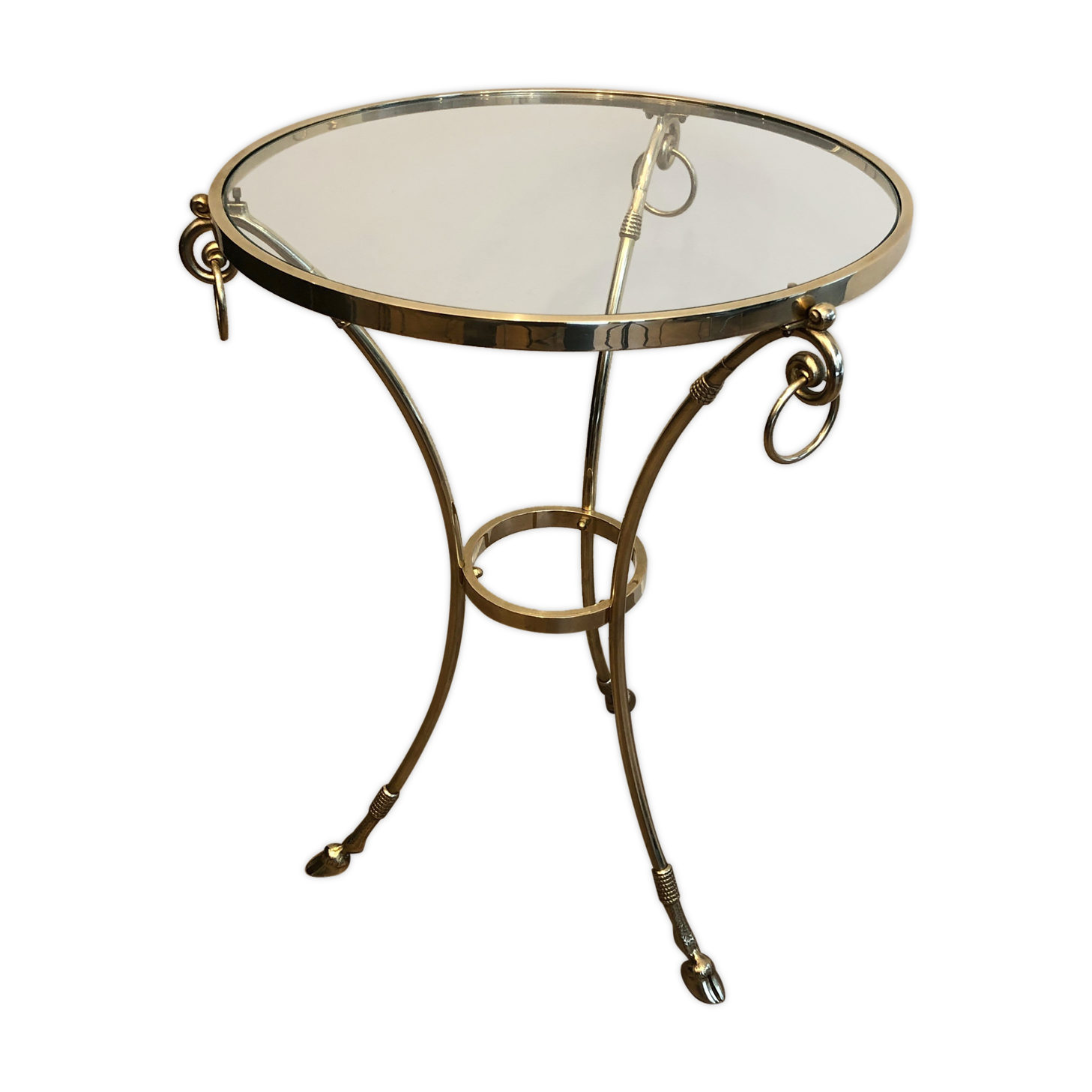 Neoclassical style tripod pedestal table in brass and round glass top in the taste of the House