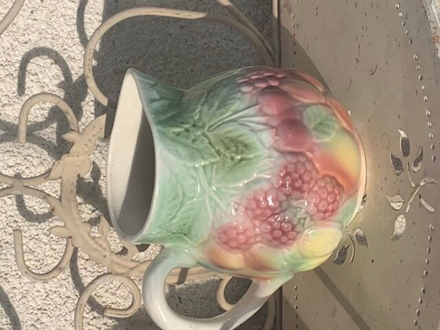 Pitcher, slurry carafe with fruit pattern, vintage glazed ceramic