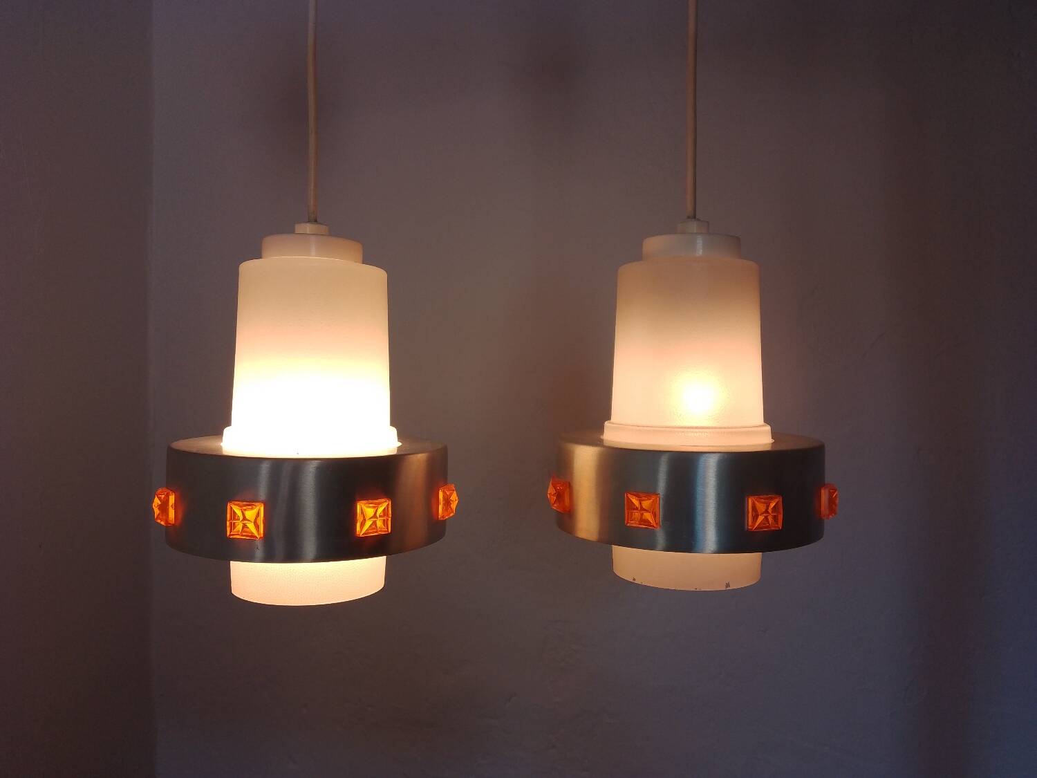 Pair of 1970s Space Age glass and aluminum lamps