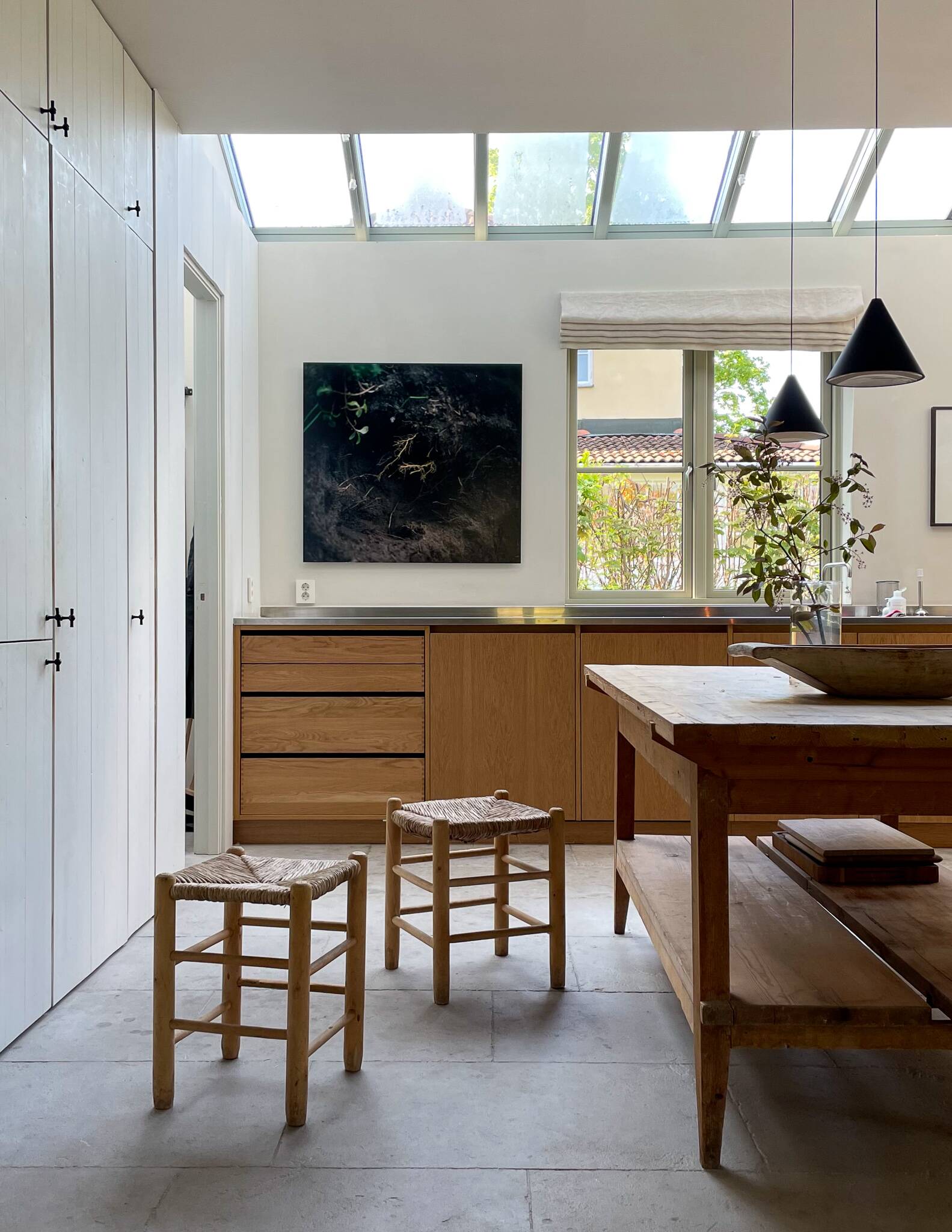 Pair of French Mid Century Wooden Straw Stools, 1960s