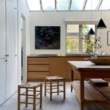 Pair of French Mid Century Wooden Straw Stools, 1960s