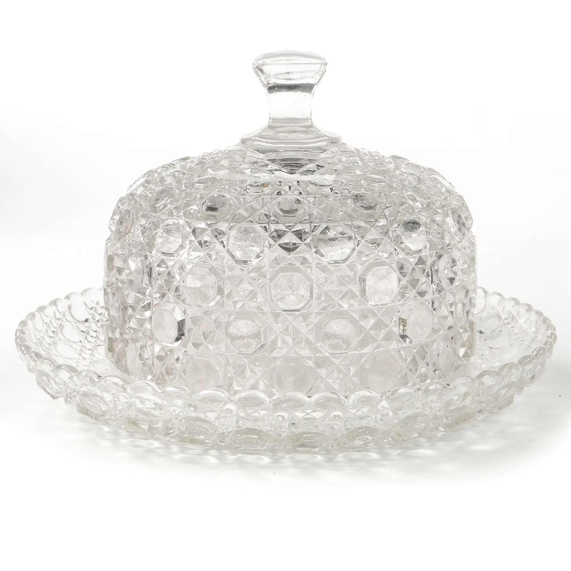 Conteneur à fromage ou à beurre Art Déco, en verre pressé, Tchécoslovaquie, années 1950.