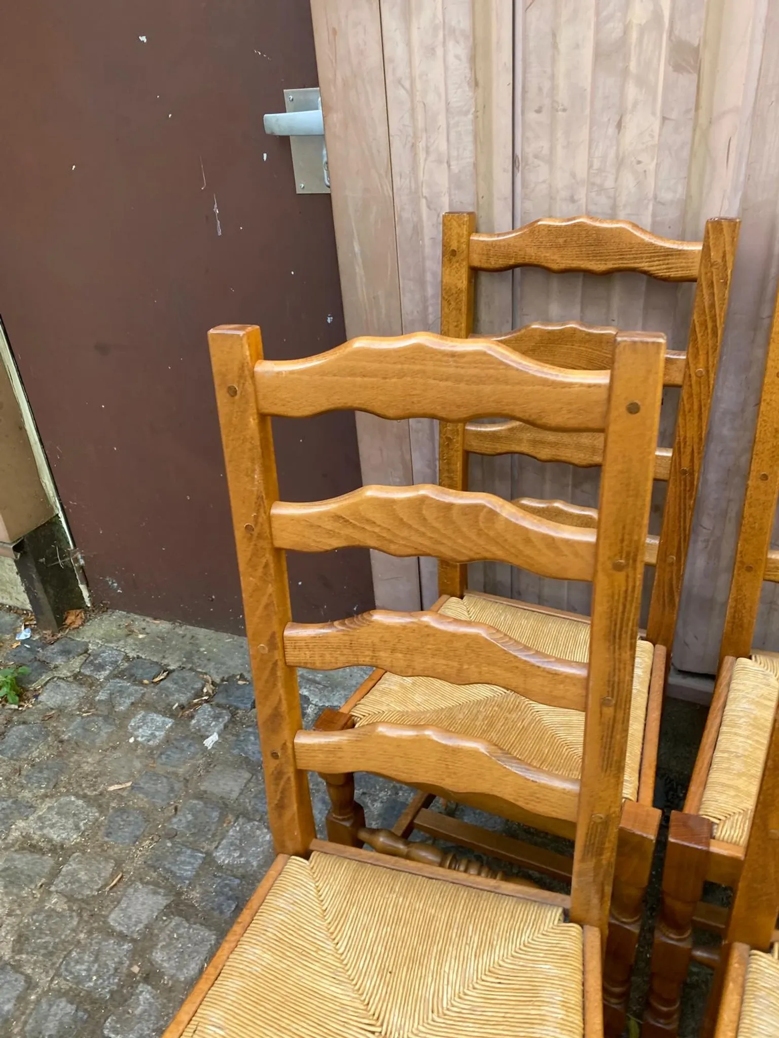 6 Rustic Oak and Straw Chairs — 1970s Country Style