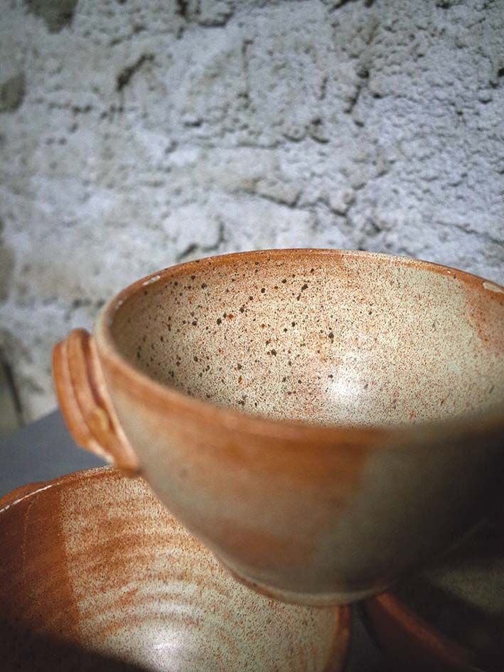 Set of 5 large sandstone bowls signed