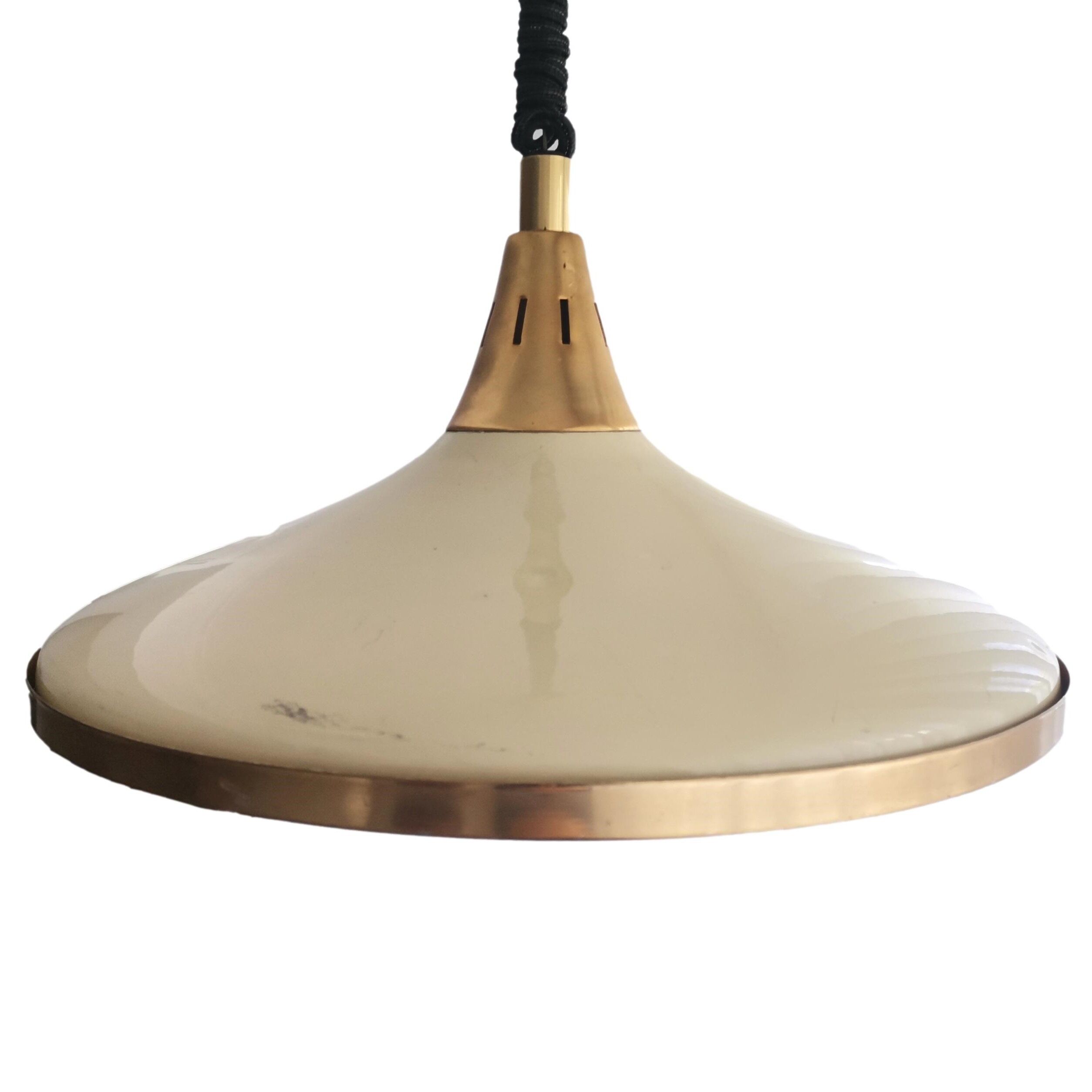 1960s mid century cream metal and crystal pull down large hanging lamp