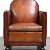 Sheepskin Art Deco design armchair with wood and beautiful cognac-colored leather