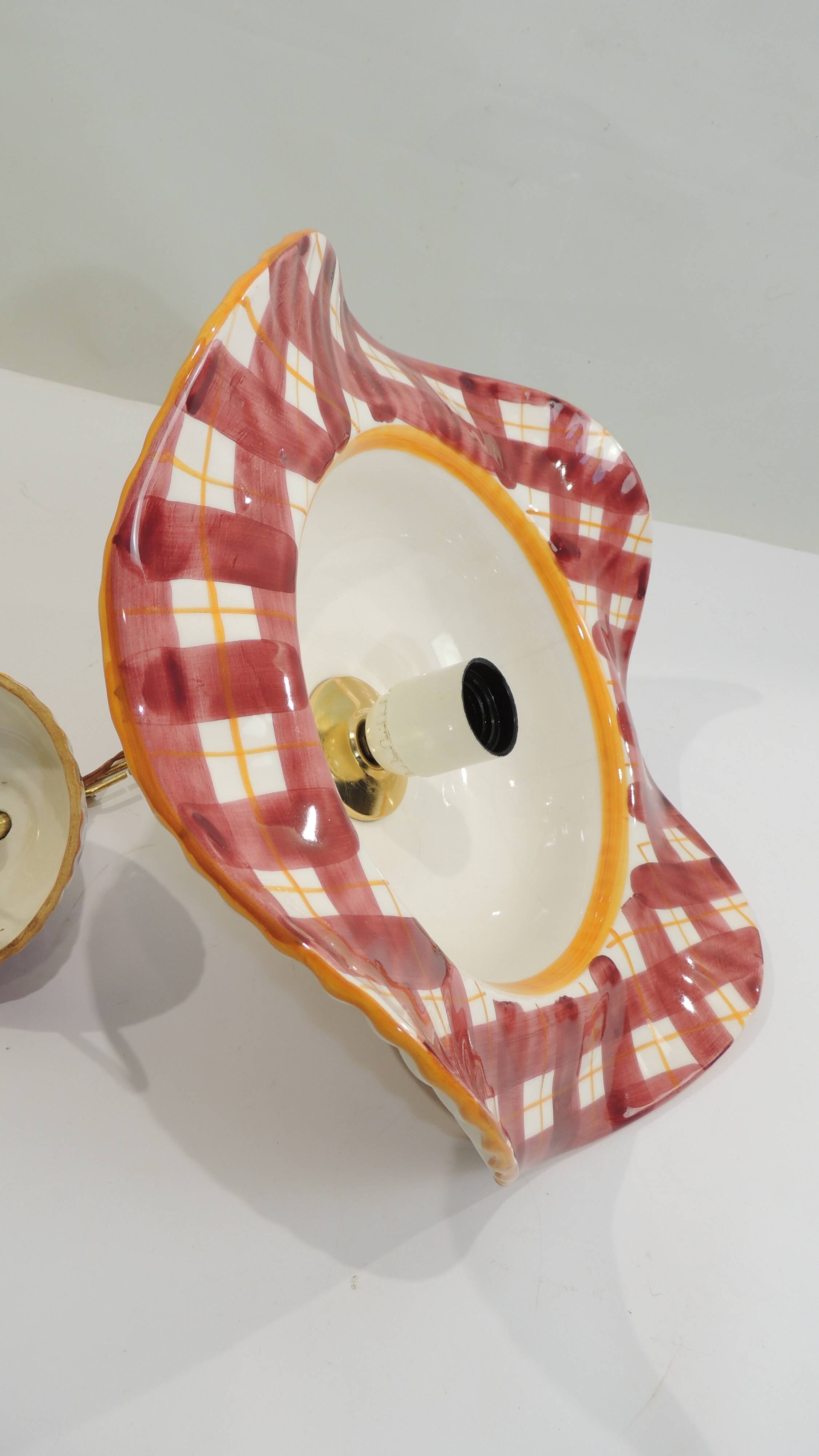 Vintage earthenware pendant light with a burgundy and ochre tartan pattern