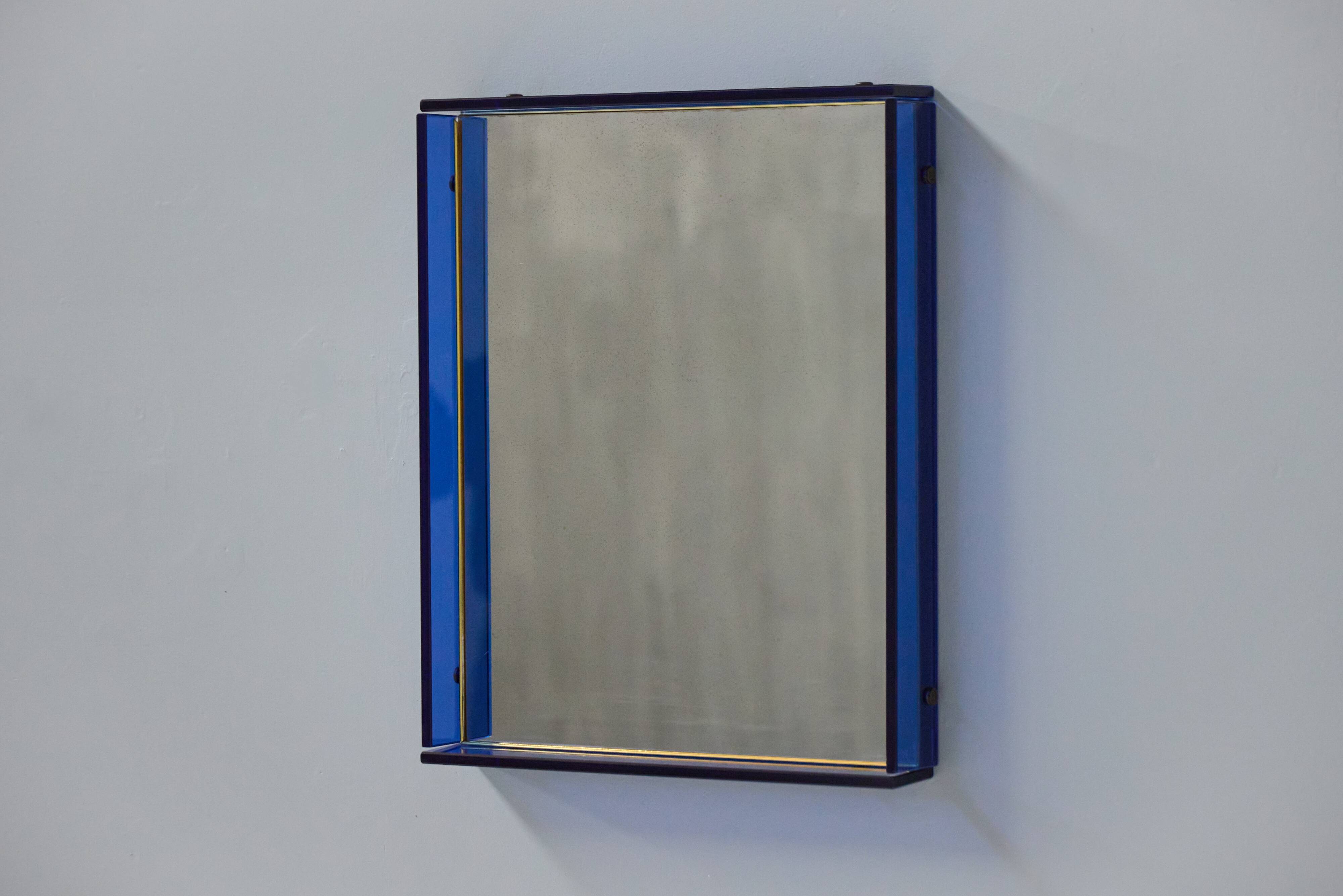 Blue Coloured and Mirrored Glass Wall Mirror, Italy, 1960s