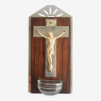 Crucifix stoup in vintage wood and metal