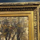 Painting Barbizon School animated path twilight wooden frame gilded stucco late 19th century