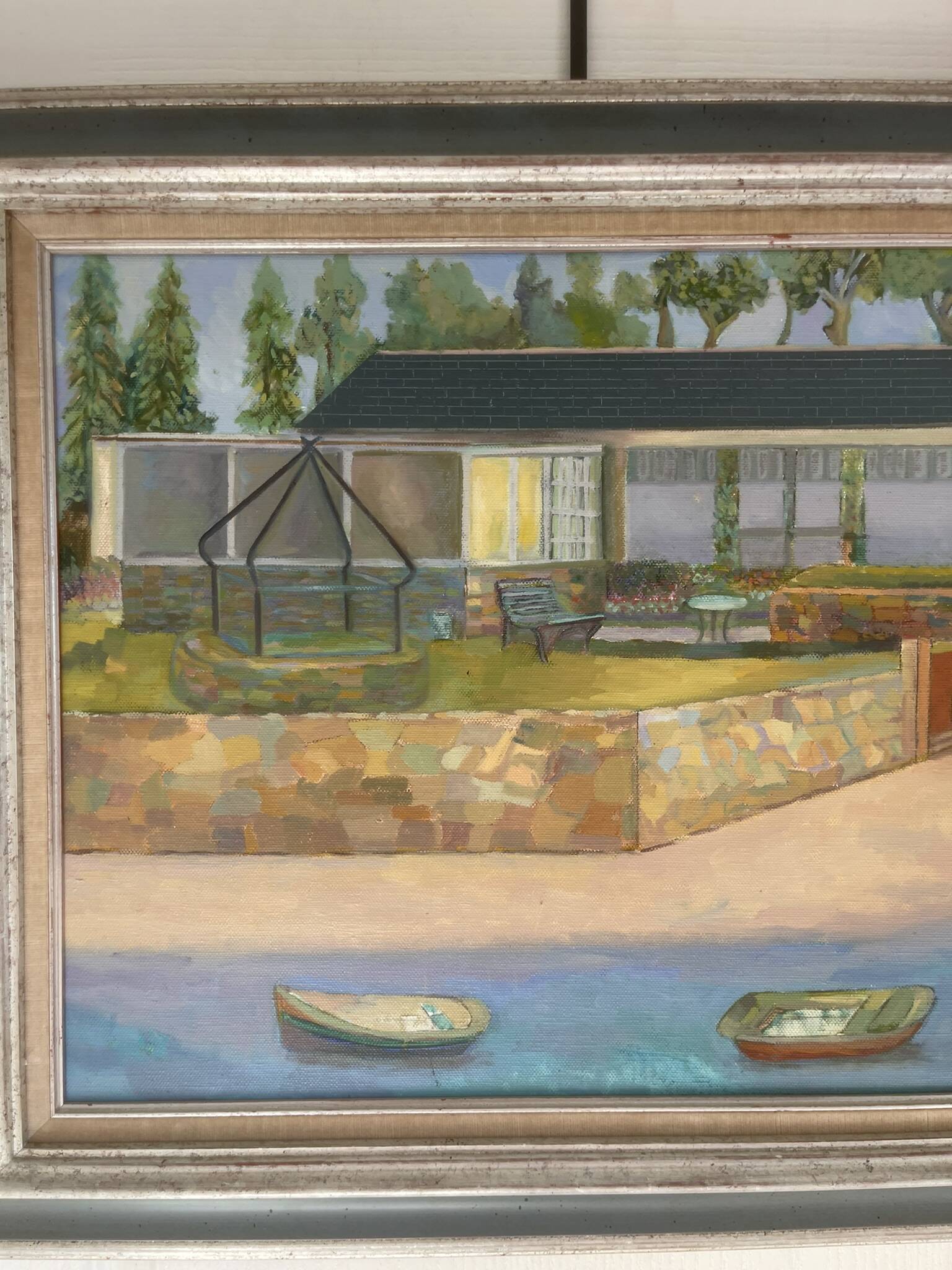 Old Oil Painting Canvas House Beach Boat Sea Village 80x70cm