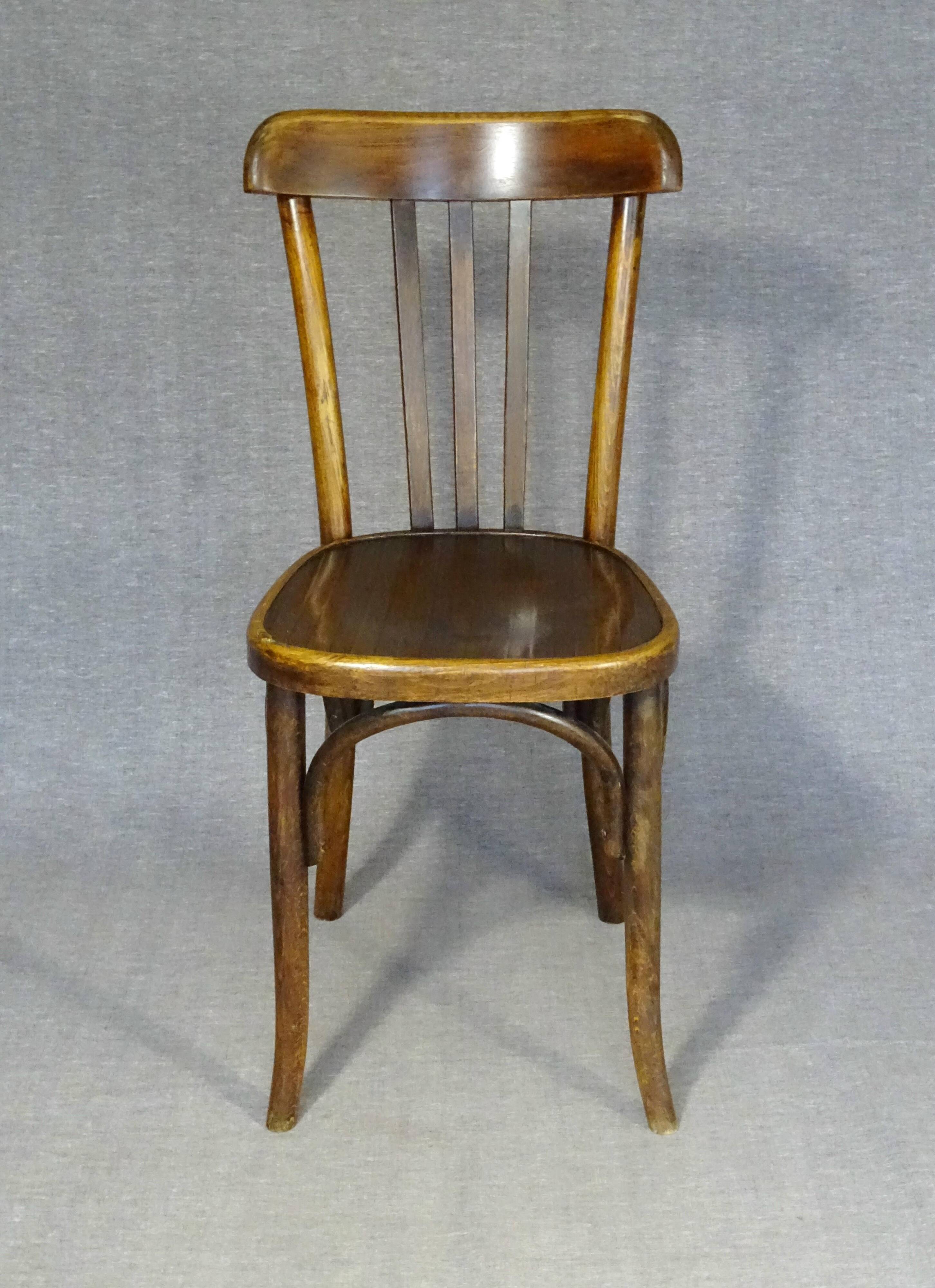 6 fischel n°409 bistro chairs, circa 1935, wooden seat, no thonet.