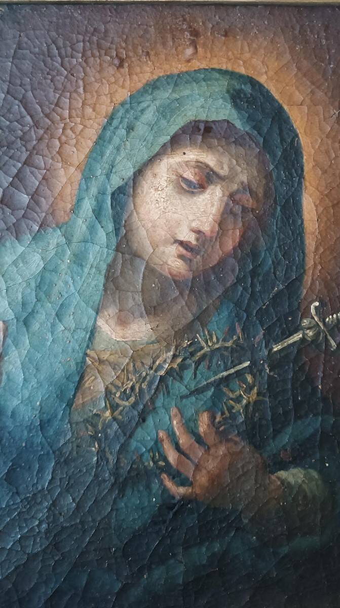 Old oil painting on canvas "Our Lady of Sorrows"