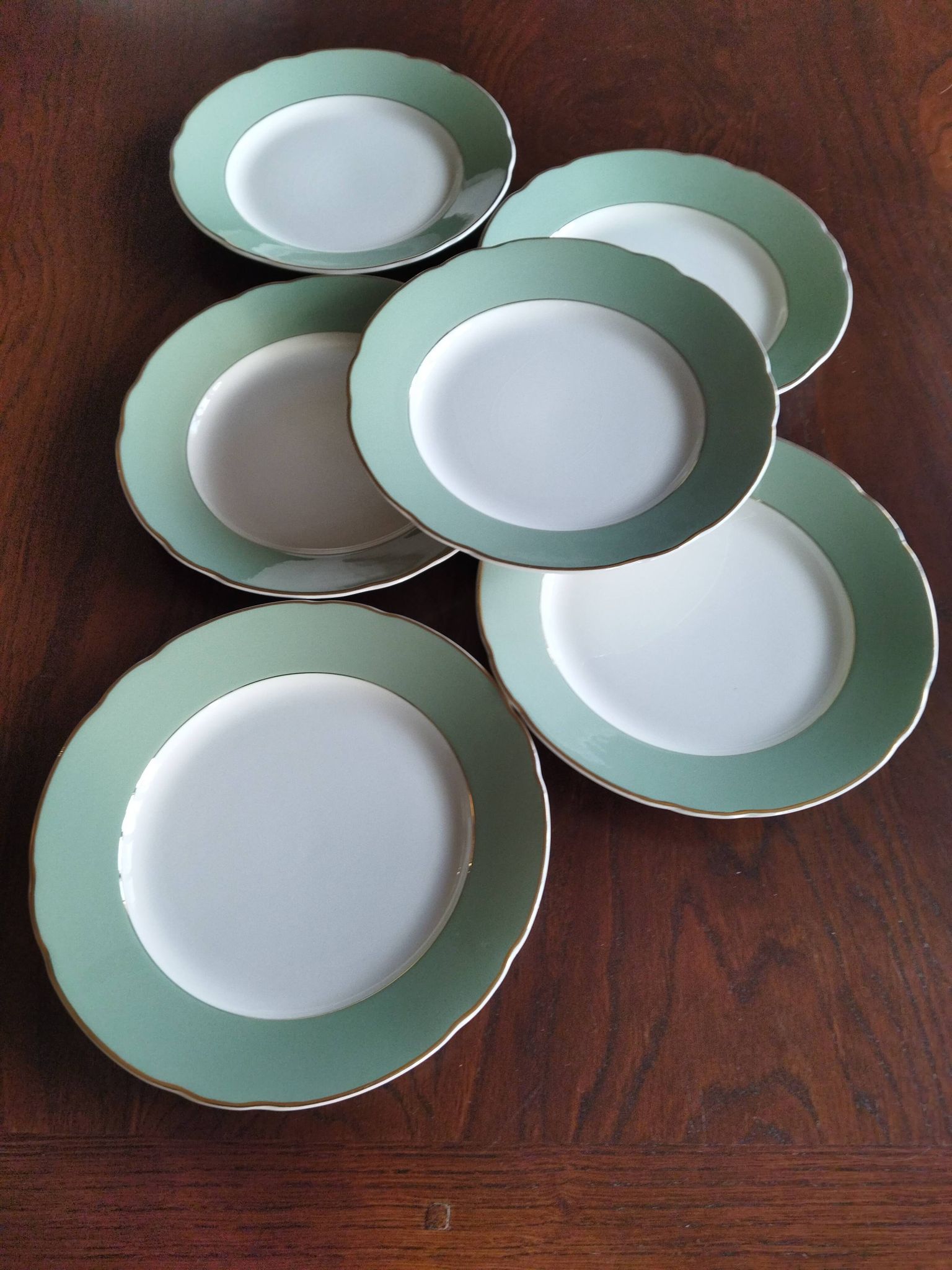 6 flat plates Villeroy & Boch Mettlach celadon green and vintage gold 1960s