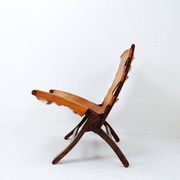Fauteuil pliant en cuir et bois du milieu du siècle, années 1950