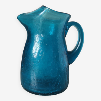 Blue cracked glass pitcher