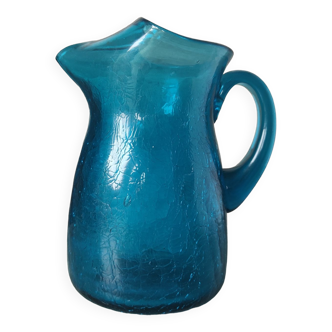 Blue cracked glass pitcher