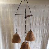 Scandinavian style three-light pendant in teak and sisal - 1960s/70s