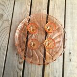 Ancient Rose Glass Plate with 4 Small Liqueur Glasses