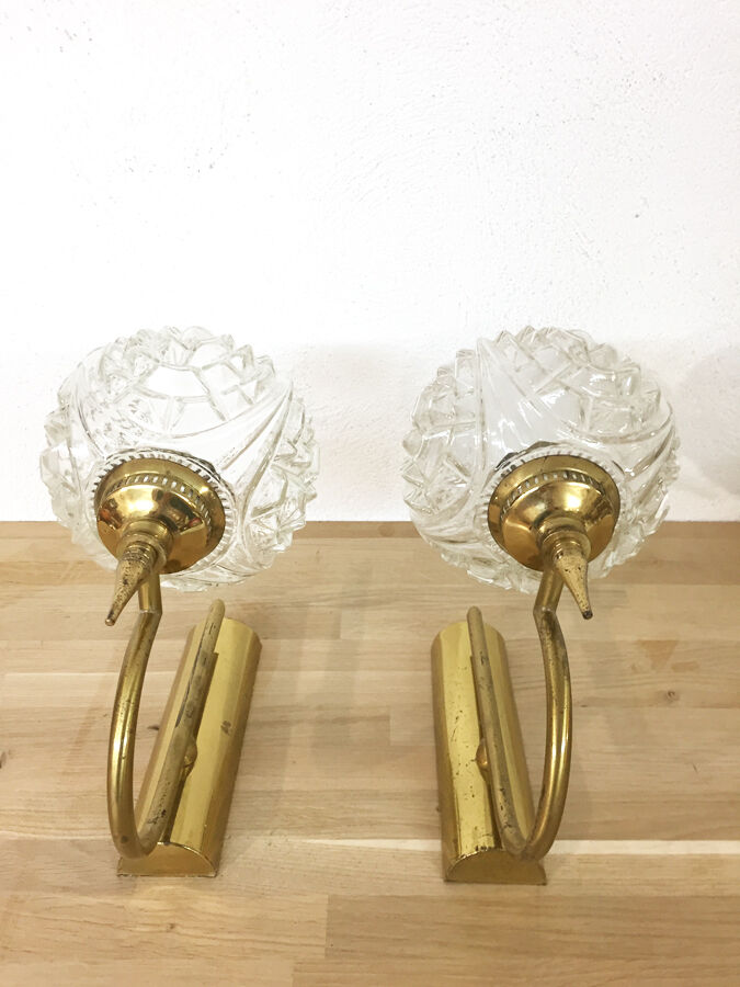 Paire d'appliques laiton doré et verre, 1970