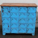 Casier ancien en métal bleu avec plateau bois