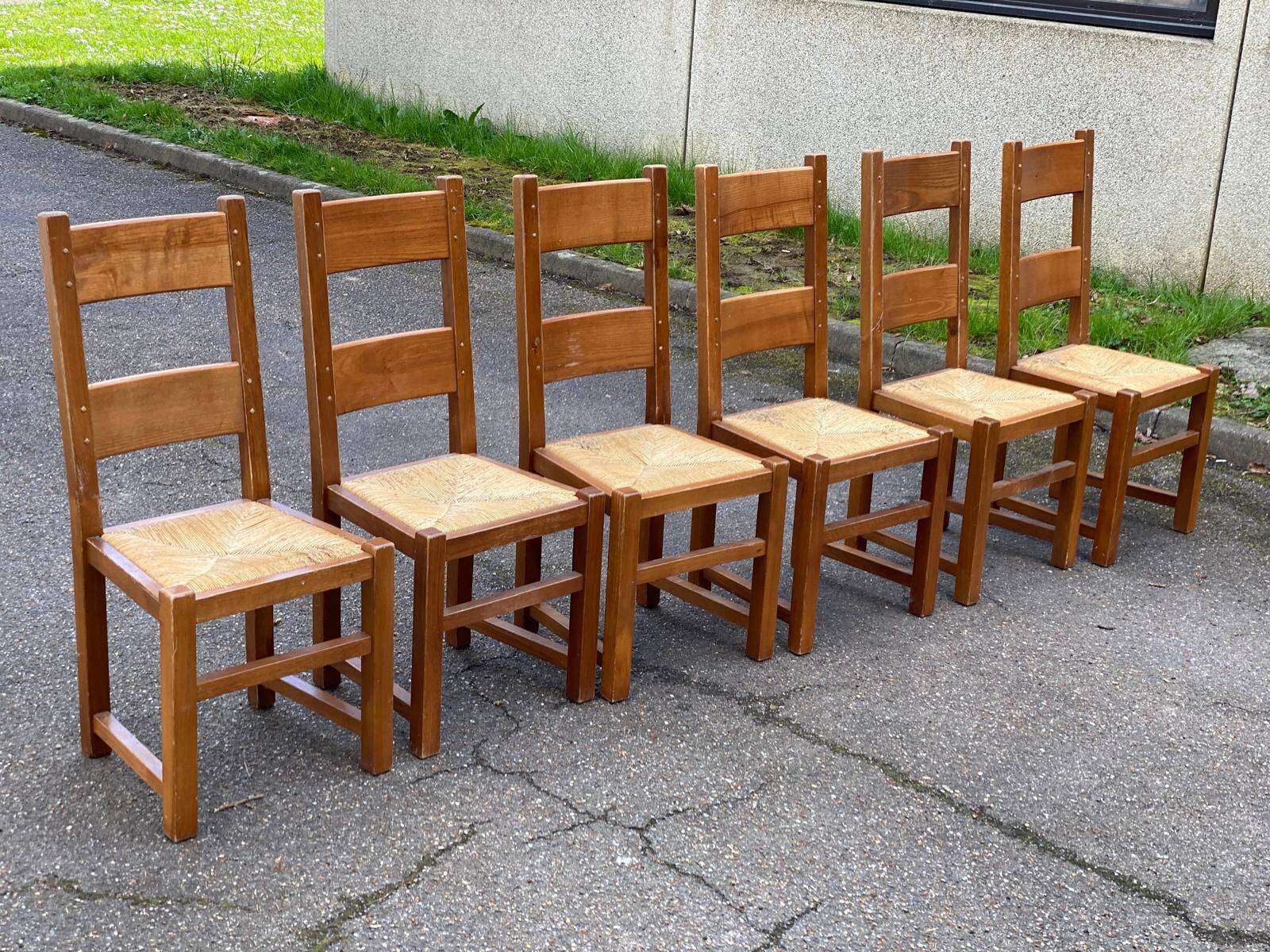 6 solid oak dining chairs with straw seats, farmhouse style