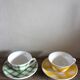 2 cups saucers Square Yellow Green Vintage