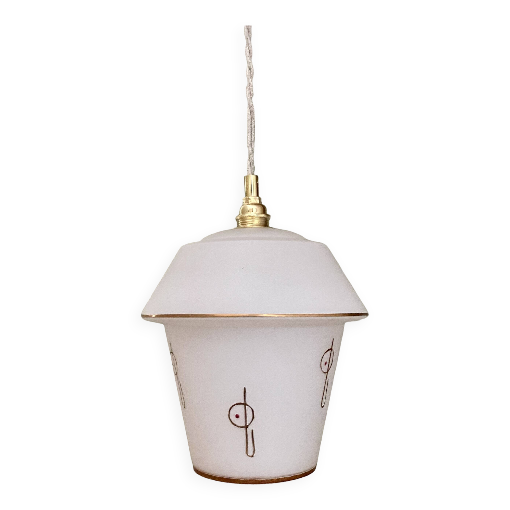 Suspension globe vintage en opaline blanche à décor doré