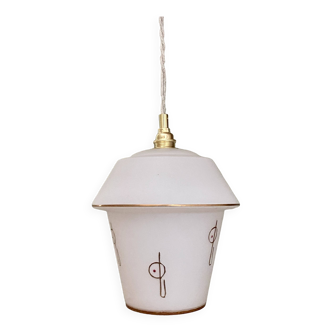 Vintage globe pendant light in white opaline with gold decorations