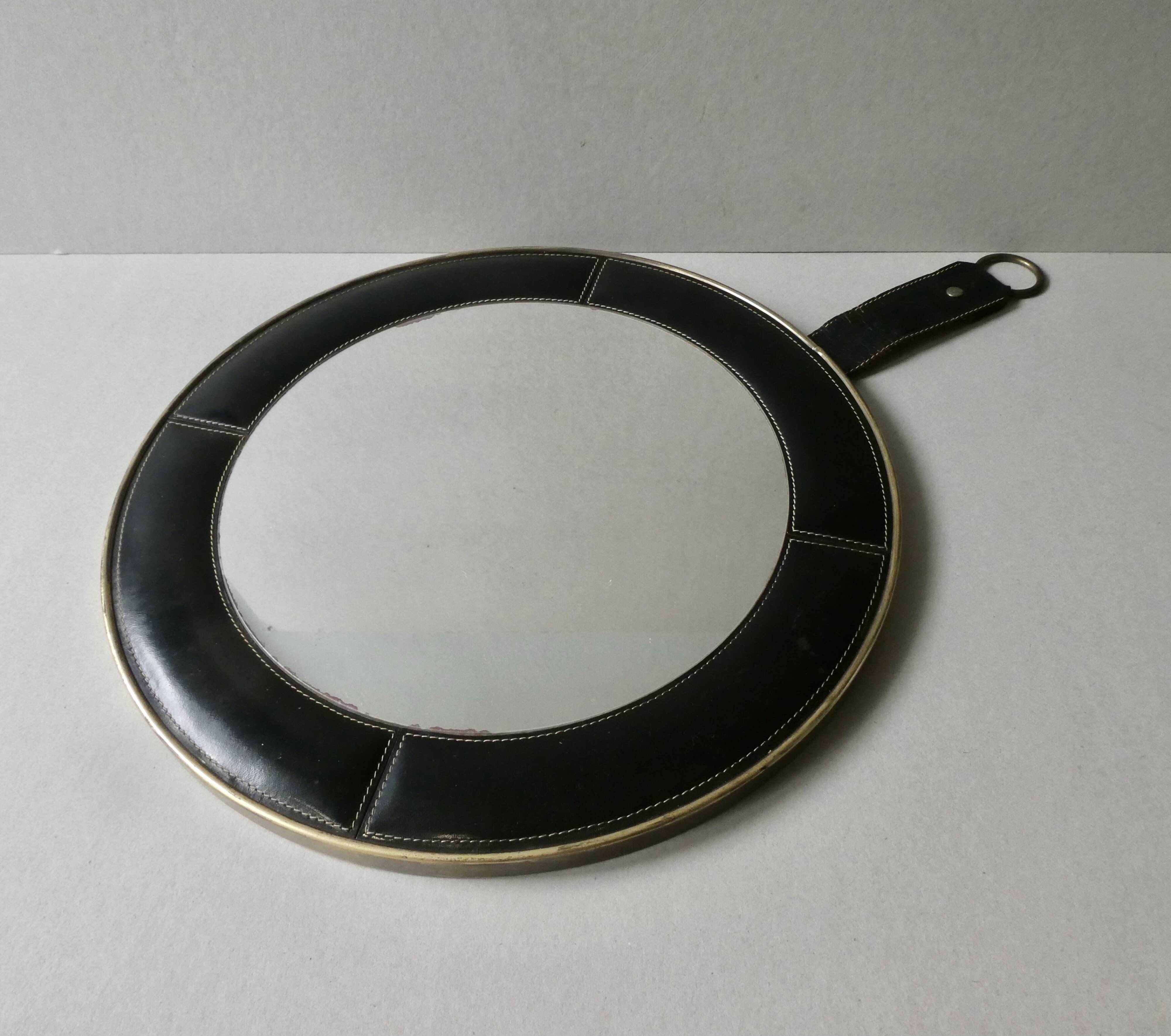 leather mirror, saddle stitching, 60s